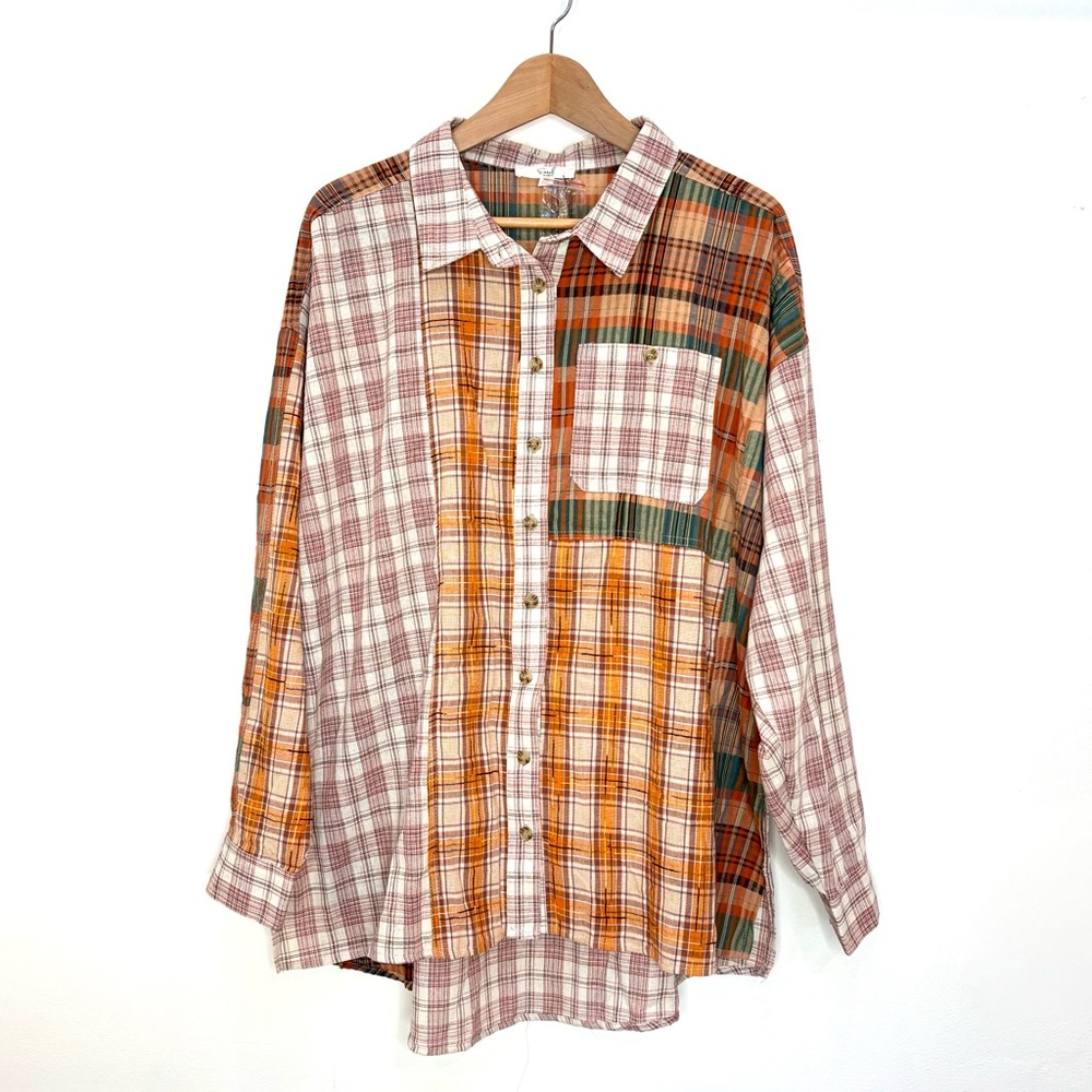 Easel Patchwork Plaid Button Down Shirt Shacket S… - image 1